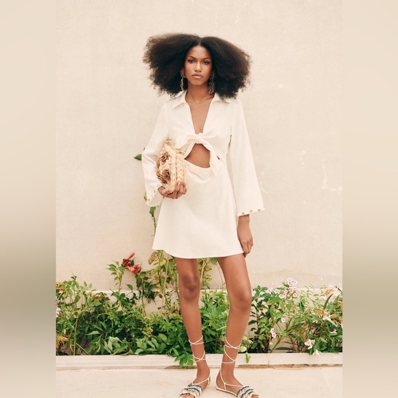 Zara Cream Linen Blend Mini Dress NWT | Knotted Shell Style Size M - Picture 1 of 11